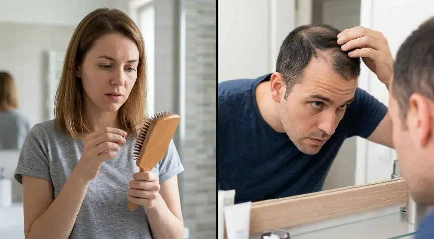 Split image. In left of image,a woman is exmining hair loss in a hairbrush or comb. She is noticing hair shedding in a brush as a sign of hair thinning. On the other side of the image, a man is leaning into a mirror to get a closer look at his thinning hair on the top of his scalp.