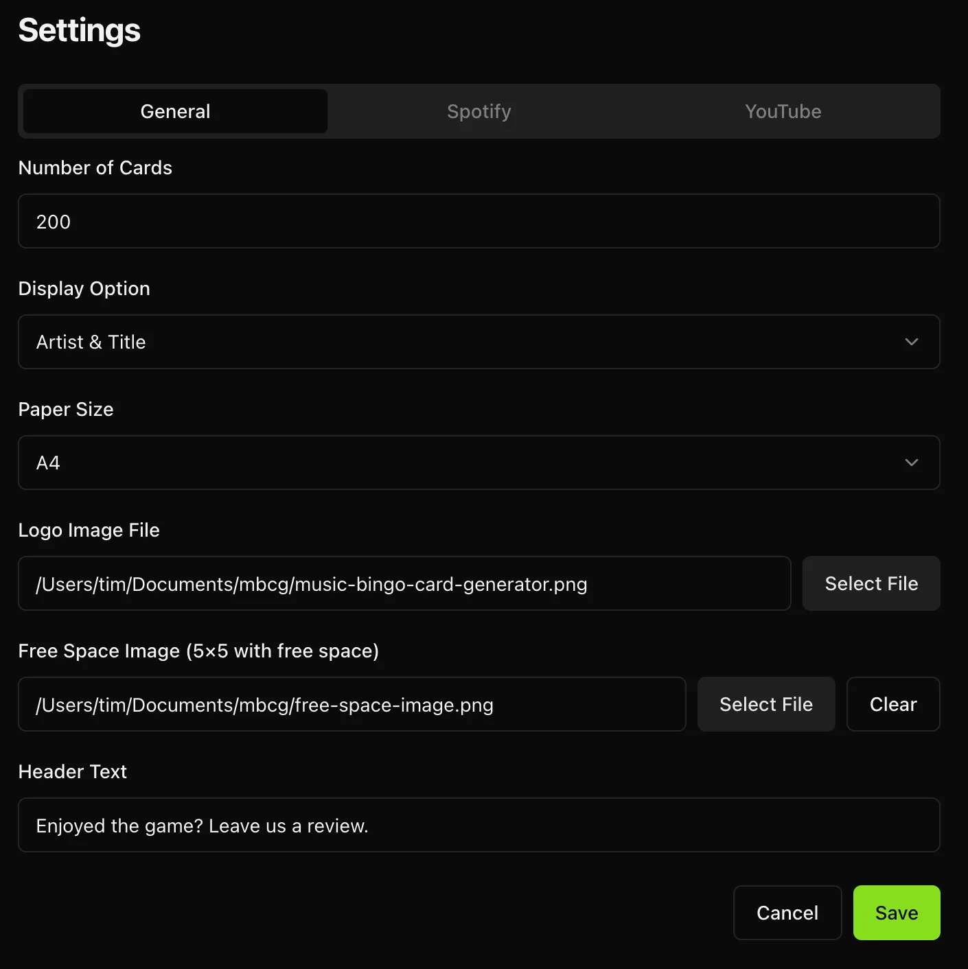 Music Bingo Card Generator Settings 