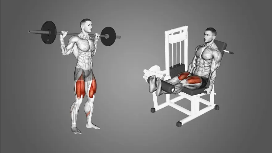 A split image: one side is of a man doing a compound squat movement and the other side of a man doing a leg extension.