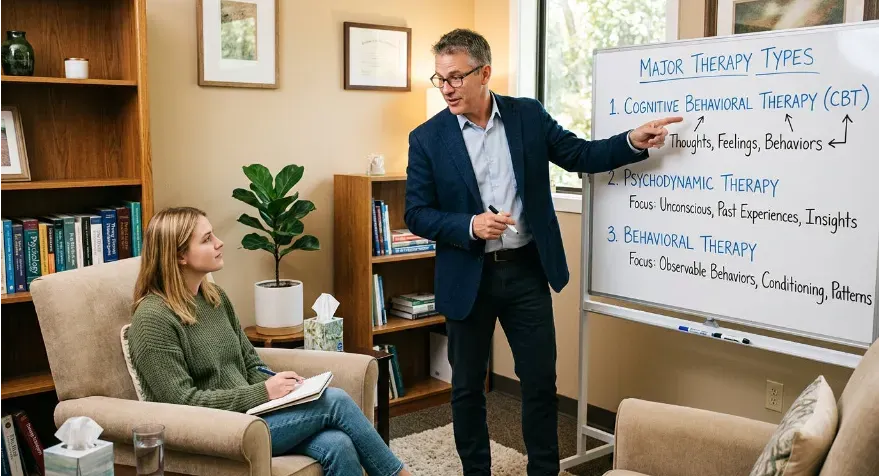 Therapist is explaining three major therapy types, such as CBT, psychodynamic therapy, and behavioral therapy.