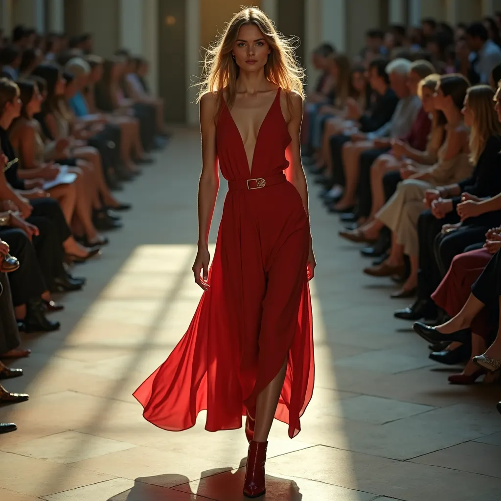 White model wearing red on the runway