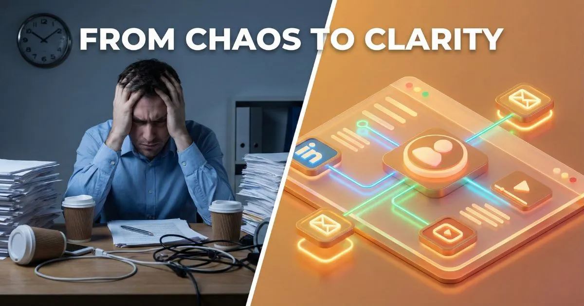 Split screen showing a stressed solopreneur vs a streamlined personal branding AI workflow.