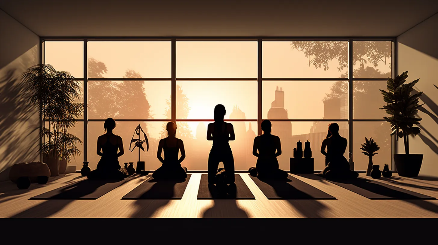 serene yoga studio, subtly lit, silhouetted figures of different body types practicing various yoga poses