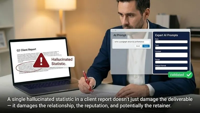 Consultant catching AI hallucination in client report beside expert ai prompts structured prompt architecture screen 