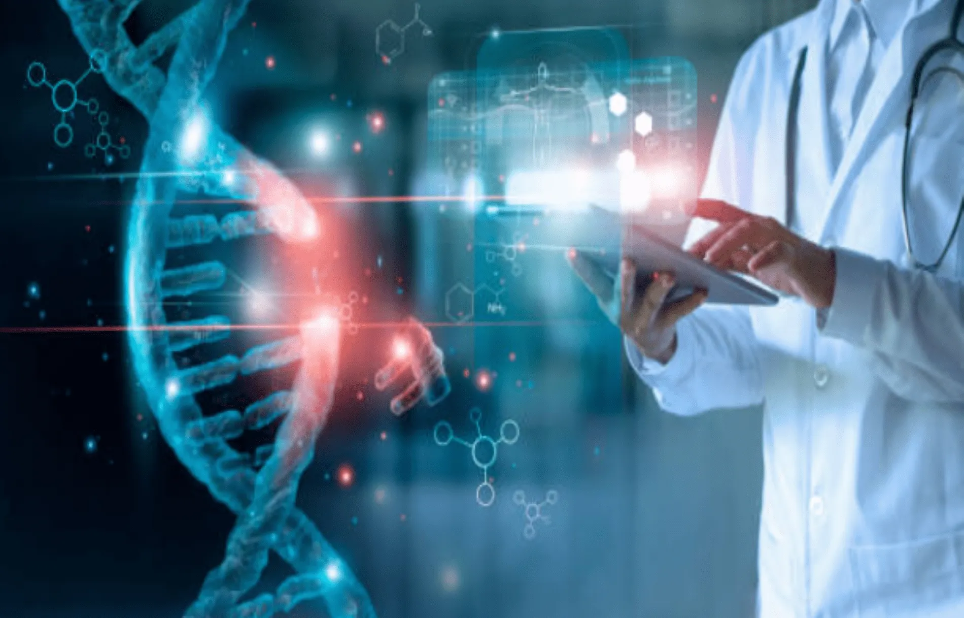 A DNA strand being examined by a scienist 