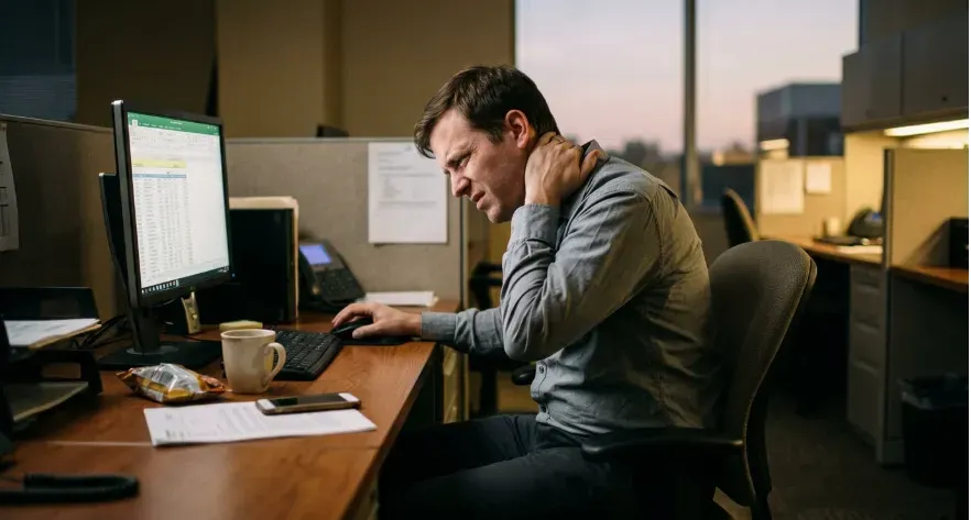 Office worker sitting at a desk for long hours with posture strain
