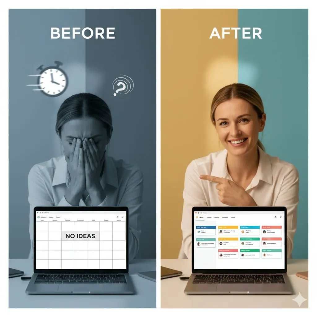 A split-screen image showing a stressed woman with writer's block on the left and the same woman smiling and happy with her completed social media post schedule on the right, after using the Pain Point Post Generator.