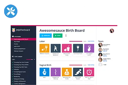 Screenshot of a sample birth vision board with instructions to 'add to board' displayed above.