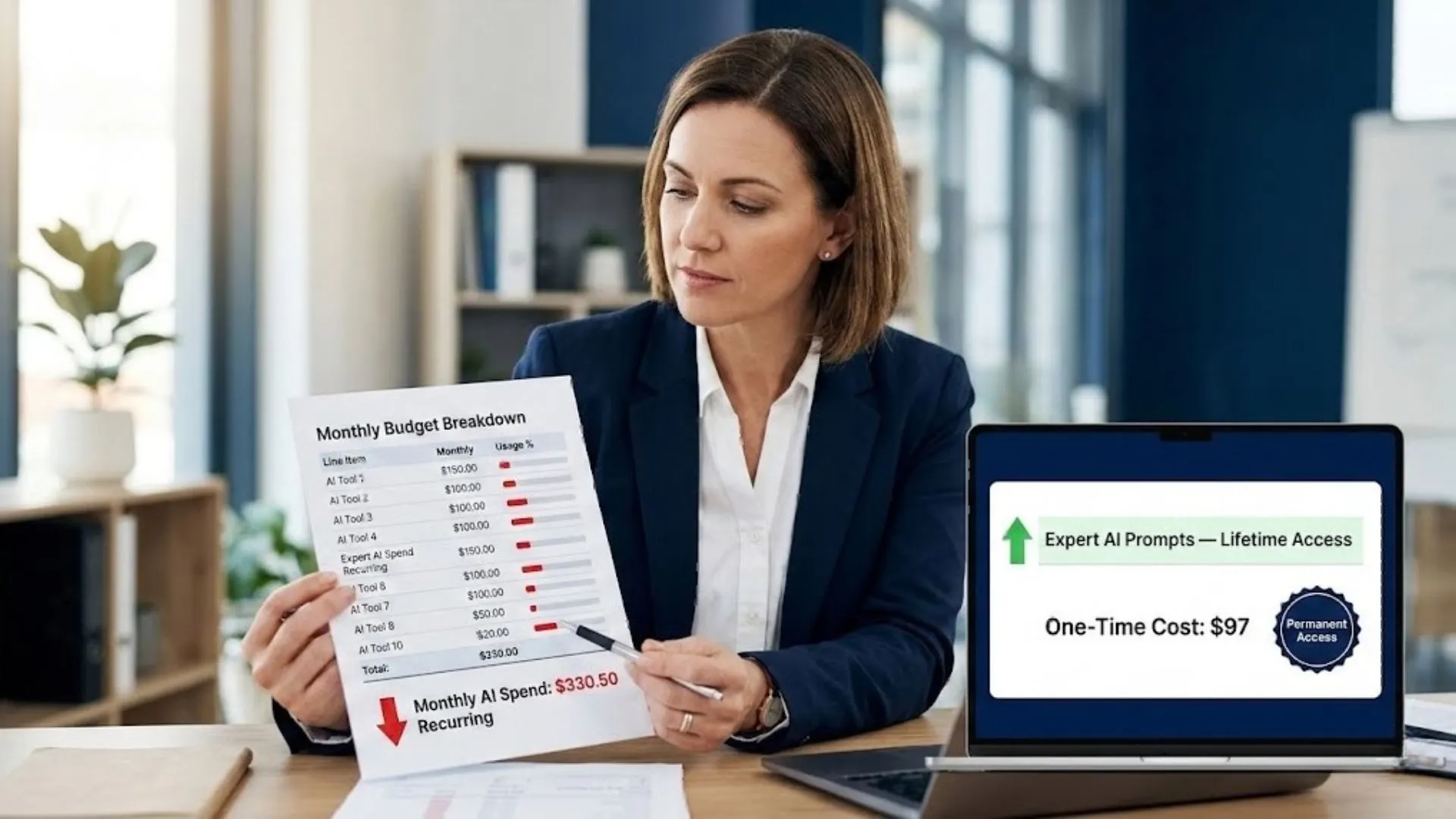  Business owner comparing recurring AI subscription costs to expert ai prompts lifetime access pricing