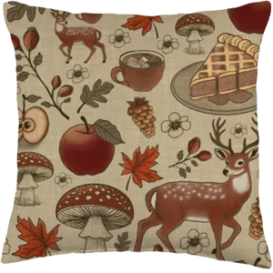 throw pillow with autumn motifs, deer, apples, mushrooms, apple pie, fall leaves, hot chocolate