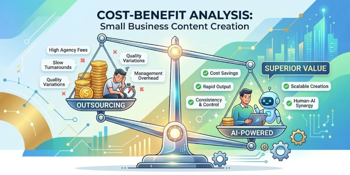 A balancing scale showing that AI-powered content creation offers a better cost-benefit for small businesses than outsourcing.