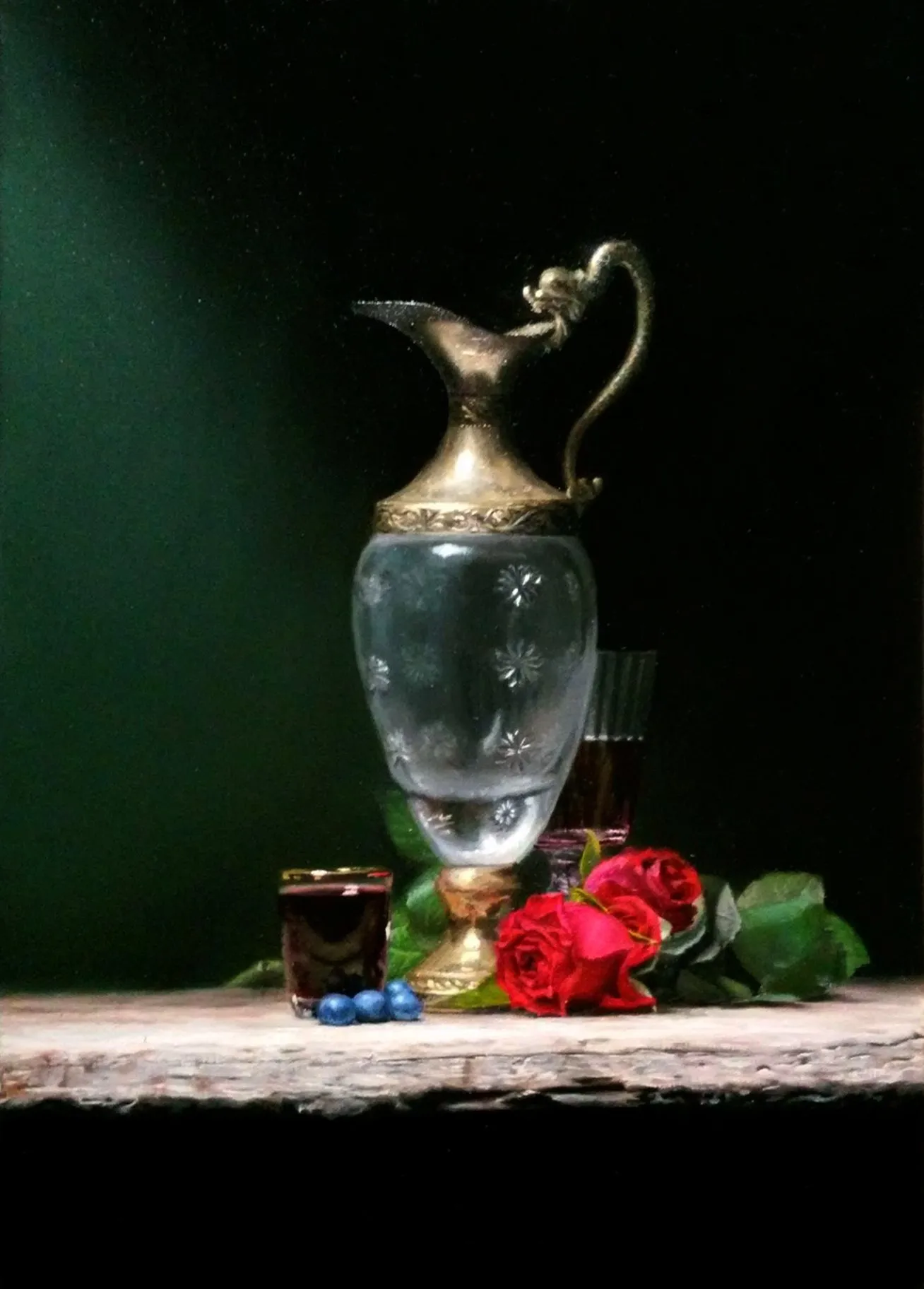 Vino in vrtnice, slikarsko delo Nik Anikis olje na platno