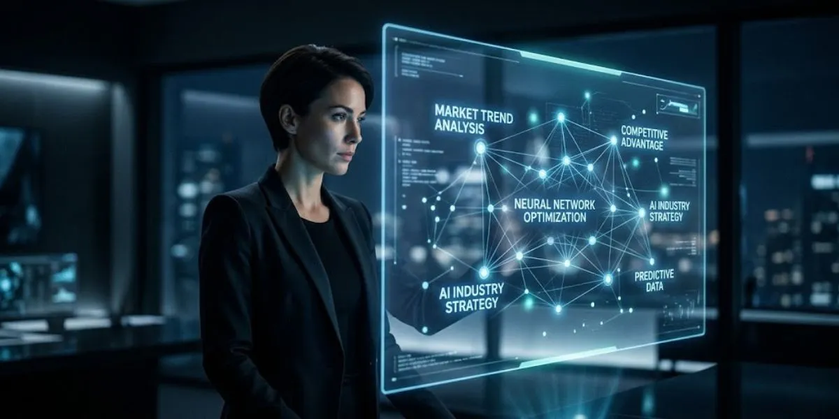 An entrepreneur using new AI technology with a futuristic interface to gain a competitive advantage in the AI industry.