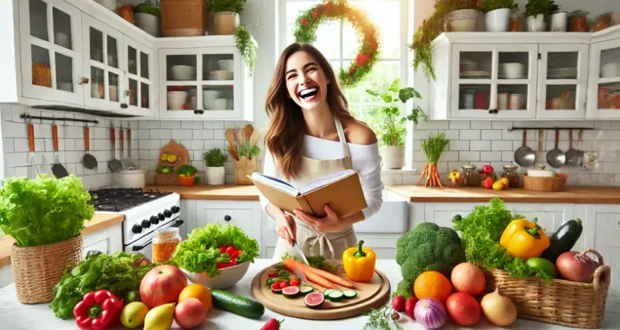 A pretty smiling woman preparing a healthy meal with fresh produce in a bright kitchen