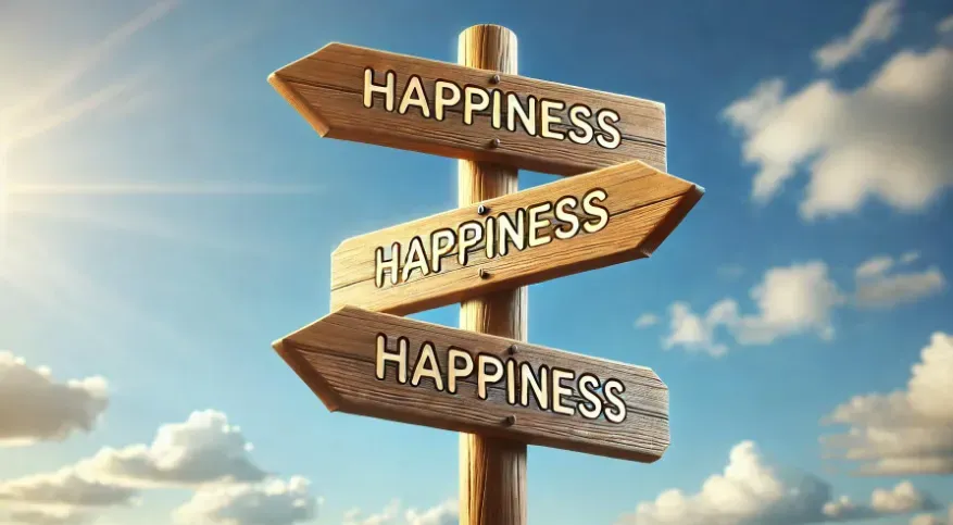 A wooden signpost with three arrows pointing in different directions, each labeled 'Happiness,' set against a bright, clear sky with clouds.