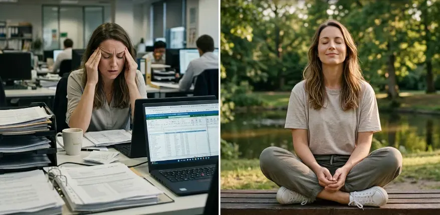 Visual contrast of overwhelmed vs calm individual representing stress and recovery states