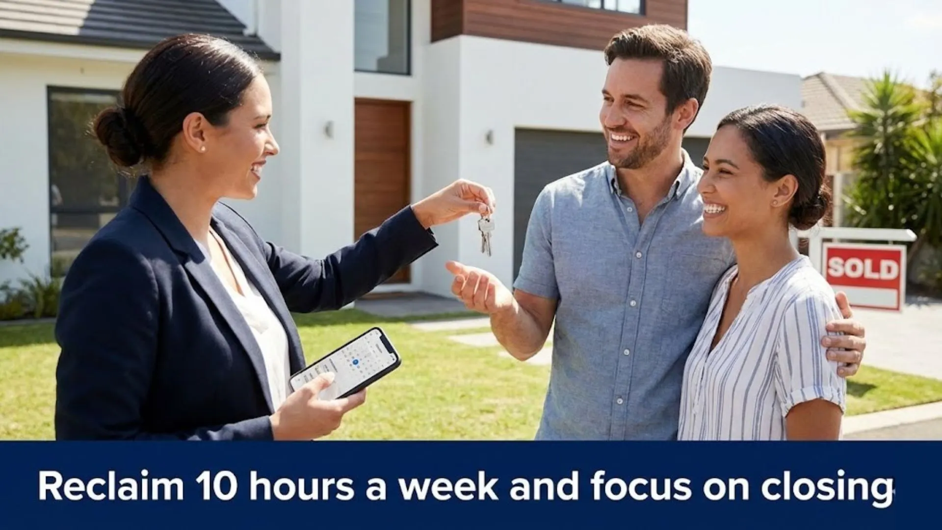 Realtor handing over keys to a client, having saved 10 hours a week on admin tasks using AI.
