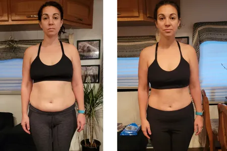 Woman standing before and after with metapwr
