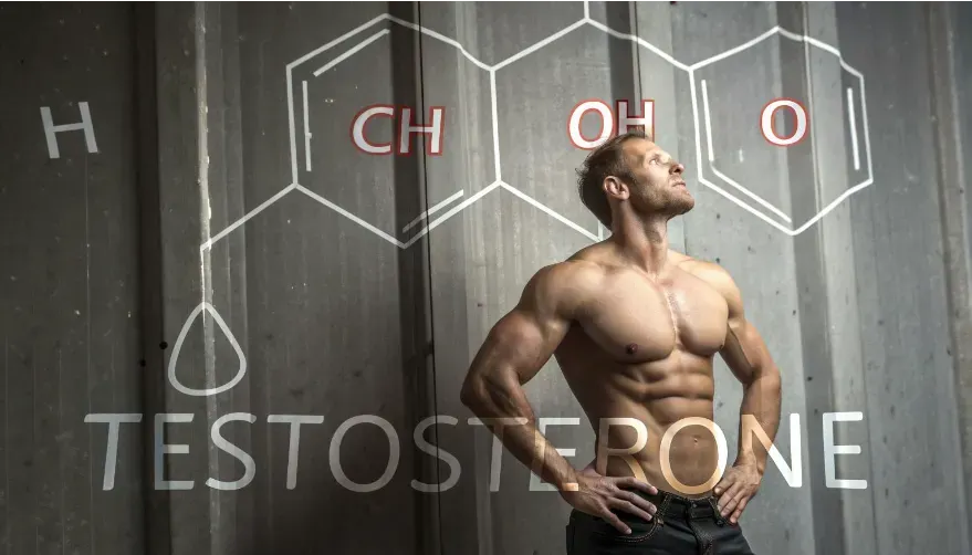 The image depicts a high-energy, realistic scene featuring a muscular, shirtless man with a chiseled, well-defined physique, standing against a textured, industrial-style background. His posture exudes strength and confidence, emphasizing masculinity and peak physical fitness. Overlaying the image is the molecular structure of testosterone, precisely illustrated with hexagonal chemical bonds and labeled elements, including H (Hydrogen), CH₃ (Methyl), OH (Hydroxyl), and O (Oxygen). These chemical symbols are arranged in a scientific yet visually engaging manner, seamlessly blending with the aesthetic.