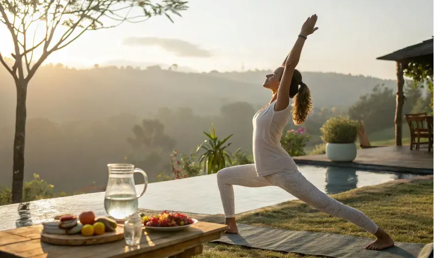 A woman practicing yoga at sunrise in a tranquil backyard setting, illustrating the mind-body connection and the importance of breathing exercises and nourishing the body. Near her on a rustic table are a glass pitcher of water and colorful fruits.