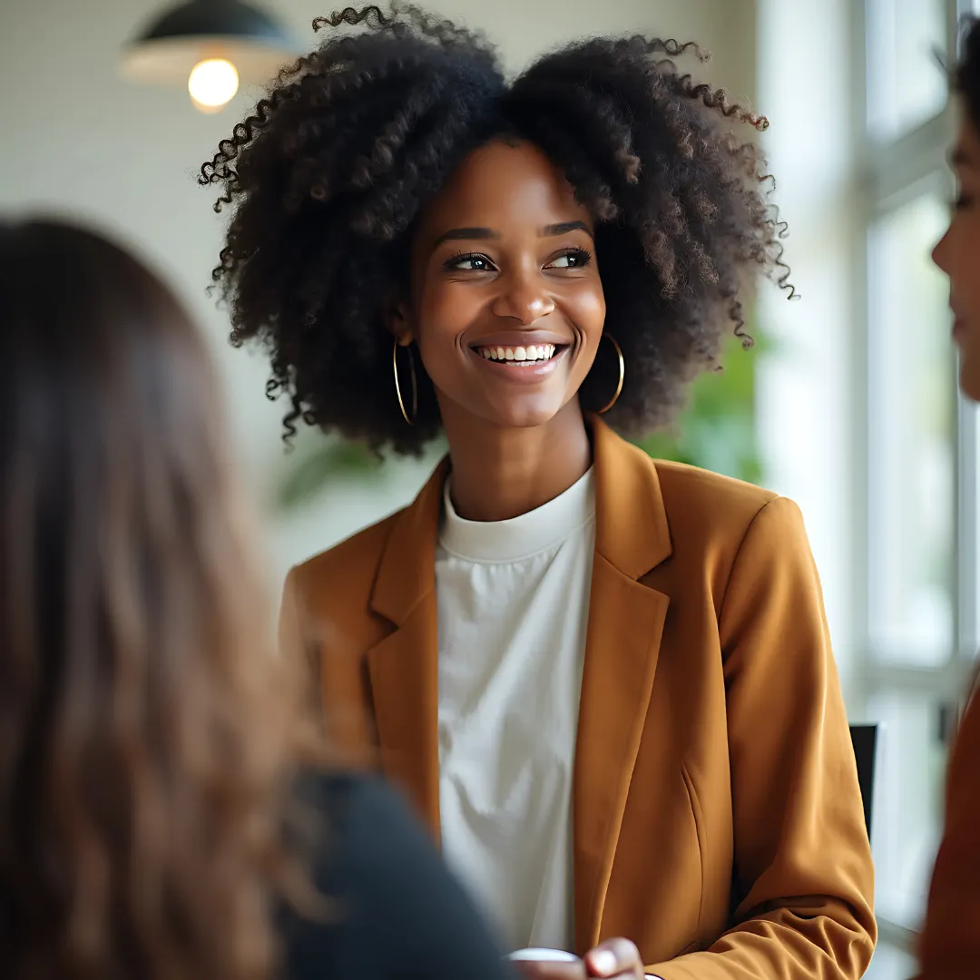 Black woman with afro hair smiling in a meeting