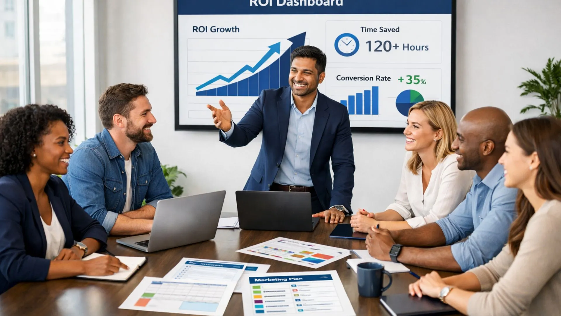 Small agency team celebrating growth results from Expert AI Prompts free resources