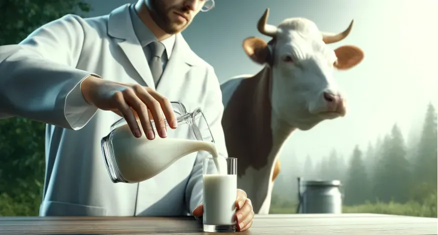 a doctor pouring a glass of milk. there is a cow in the background.