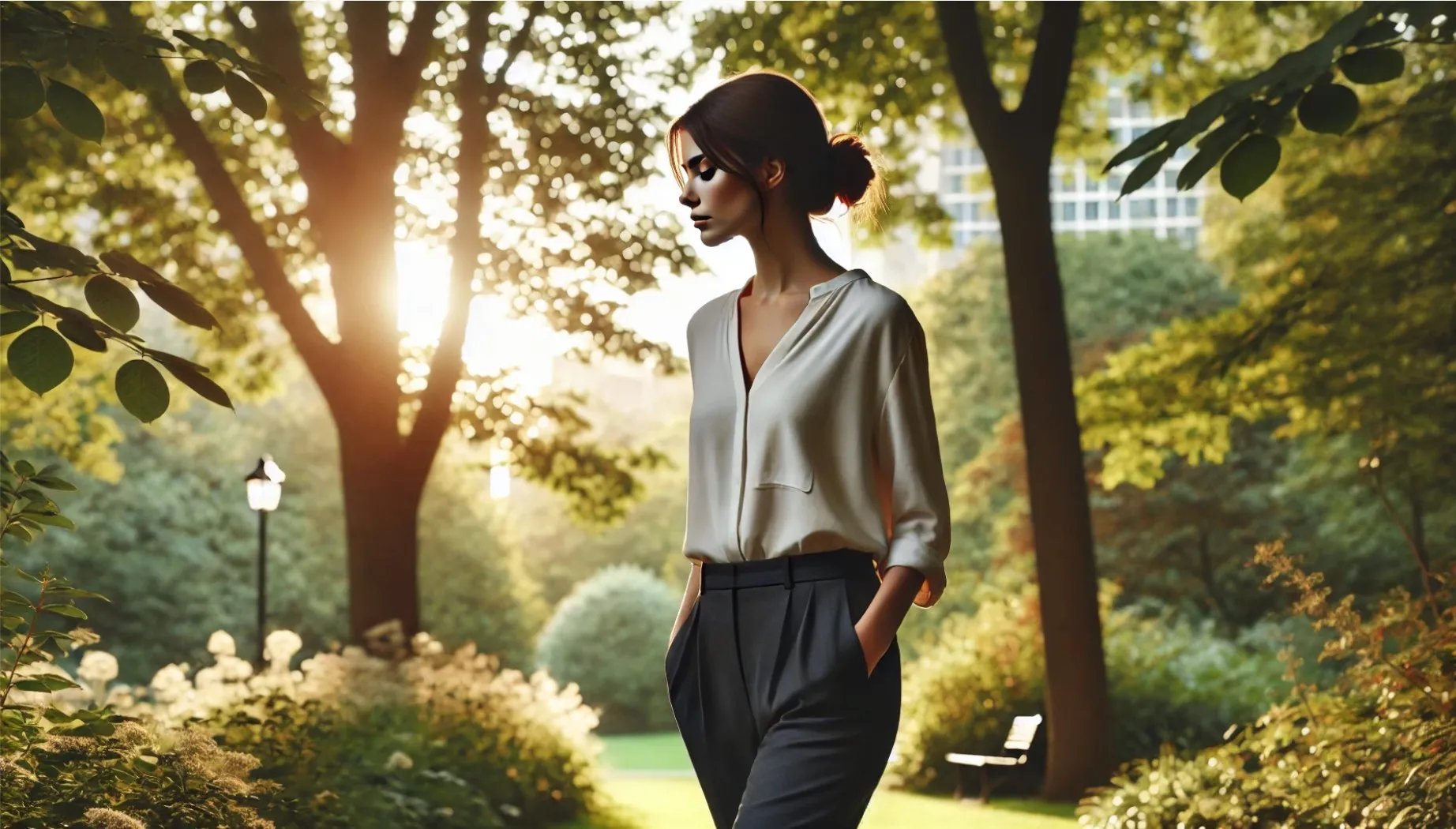 Woman walking thoughtfully in a peaceful park, reflecting on mindfulness and professional presence.