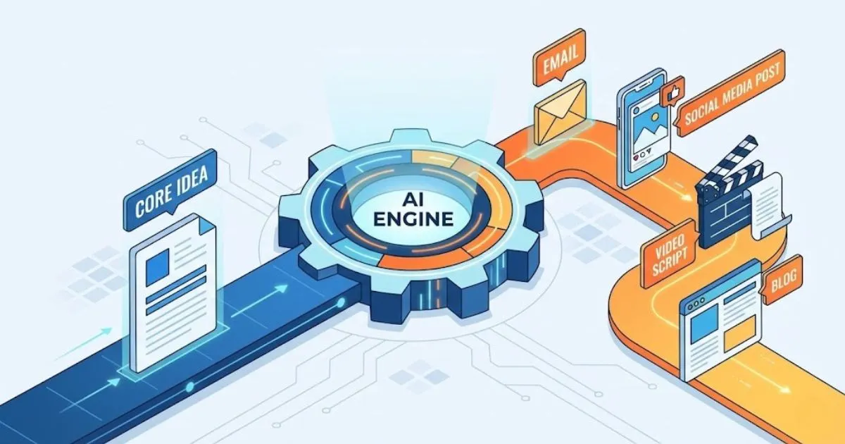  Illustration showing how AI repurposes one idea into multiple content formats.
