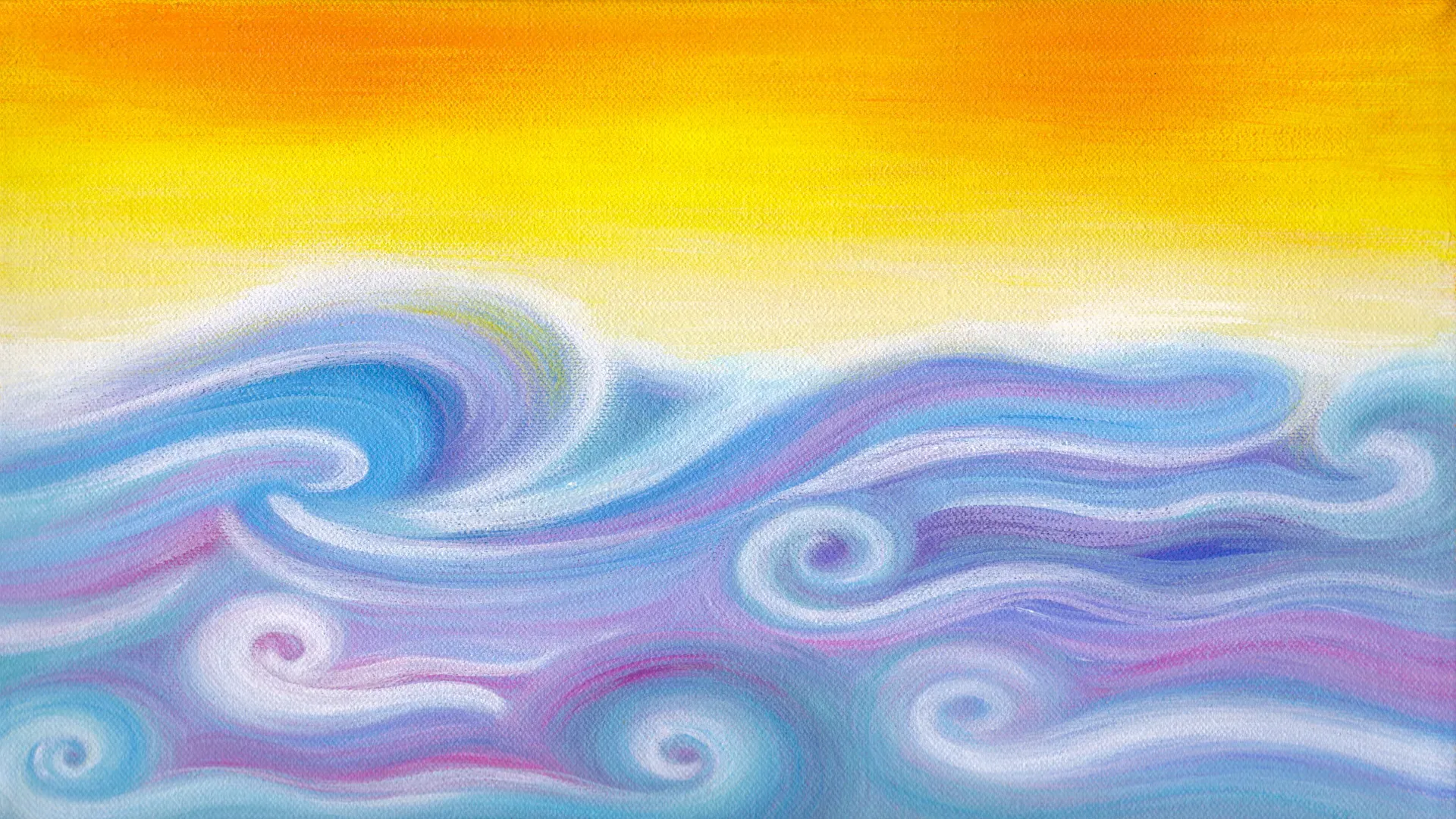 Acrylic abstract painting titled, Relief as whimsical waves in blue and purple hues and yellow orange sky