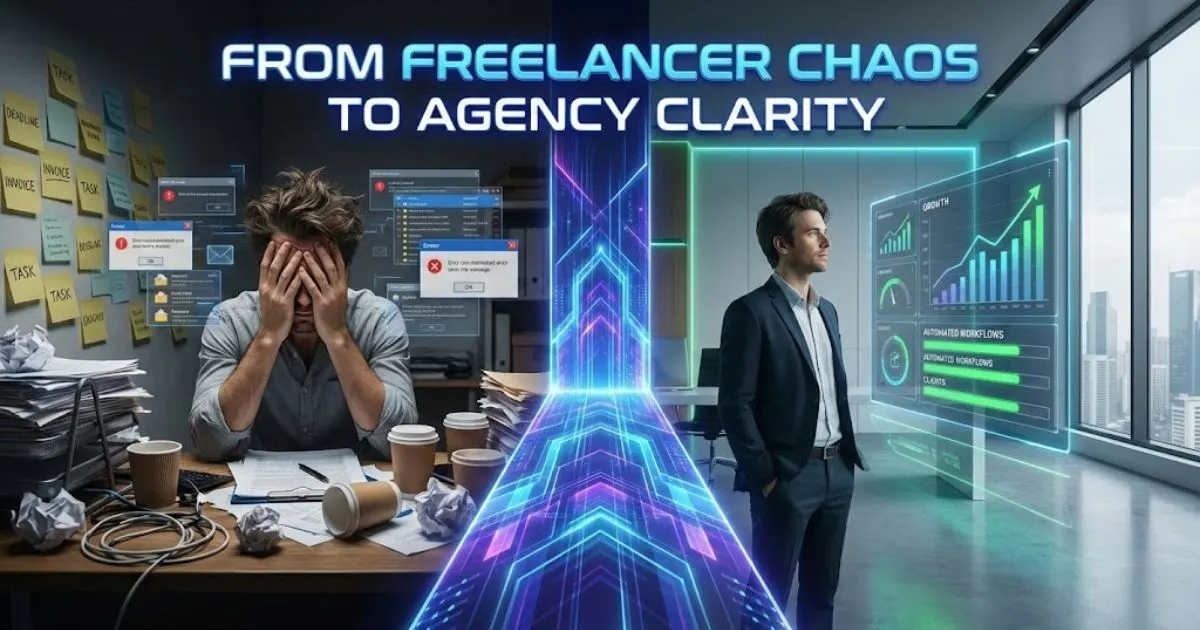  A stressed freelancer transforming into a confident agency owner with automated systems.