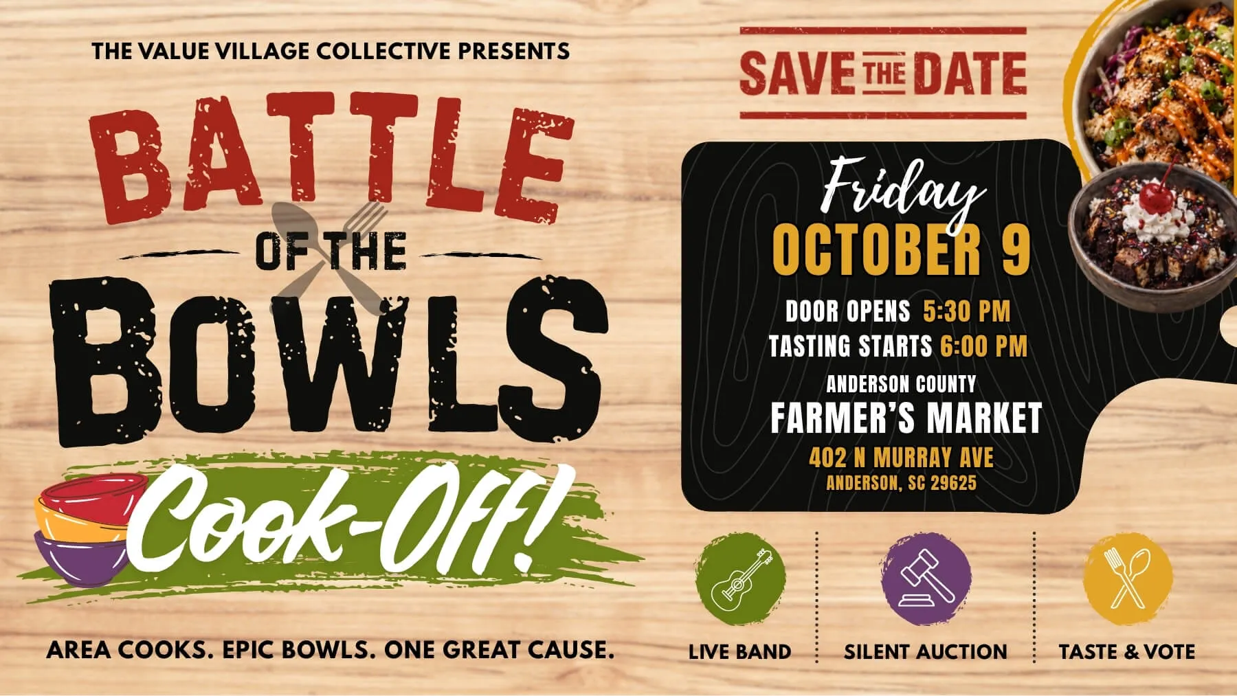 Battle of the Bowls Cook-Off event flyer presented by The Value Village Collective on Friday, October 9 at Anderson County Farmer's Market featuring live band, silent auction, and food tasting