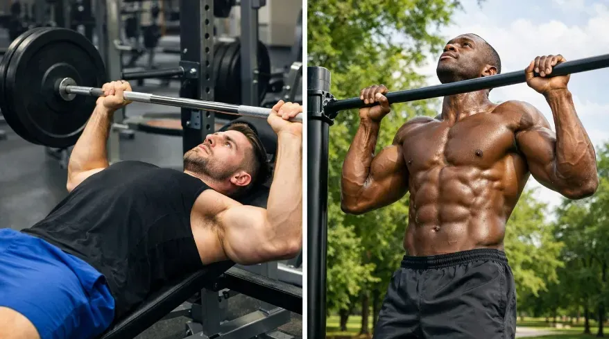 Split image. On one side, there is a man doing a barbell chest press in a gym setting. On the other side is a shirtless African American man doing pull-ups outside in the park.