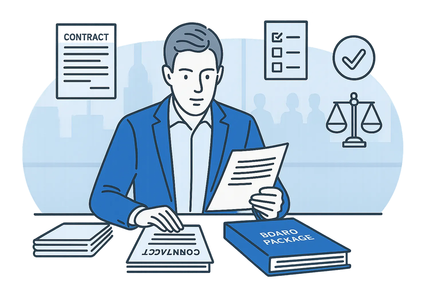 Buyer reviewing co-op board package with contract paperwork. Icons: contract, board checklist, approval stamp. Subtle boardroom backdrop. 
