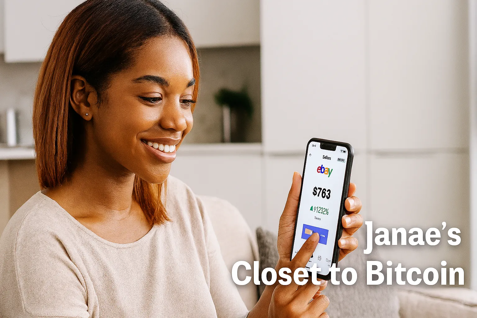Black woman in her mid-20s smiling in her luxury home while checking eBay sales on her smartphone, surrounded by sold items like handbags and gadgets — symbolizing clutter flipped into Bitcoin.