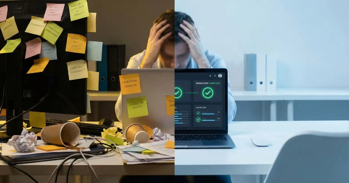 A split screen showing a messy stressed desk versus a clean organized desk representing AI marketing automation.