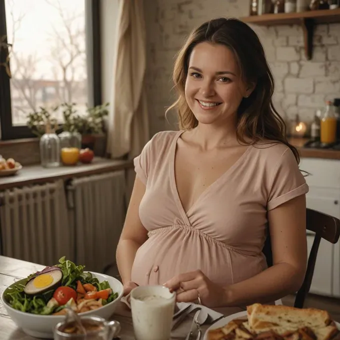 Calm expectant mother holding her bump while eating breakfast