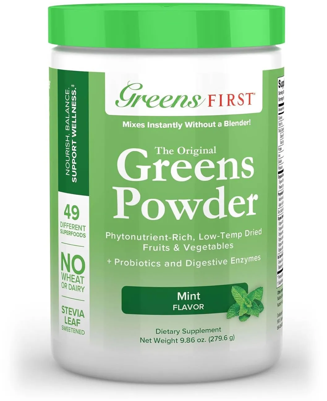 Greens First - Mint - 30 Servings - Greens Powder Superfood, 49 Superfoods, 15+ Organic Fruit & Vegetables, Antioxidant Smoothie Mix Supplement, Dairy Free, Vegan & Non-GMO - 9.86 oz