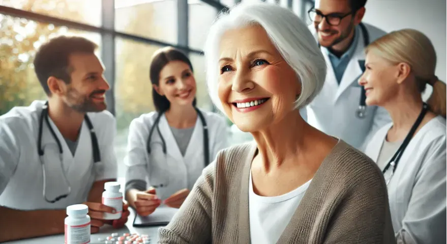 Elderly woman with healthcare team discussing polypharmacy management.