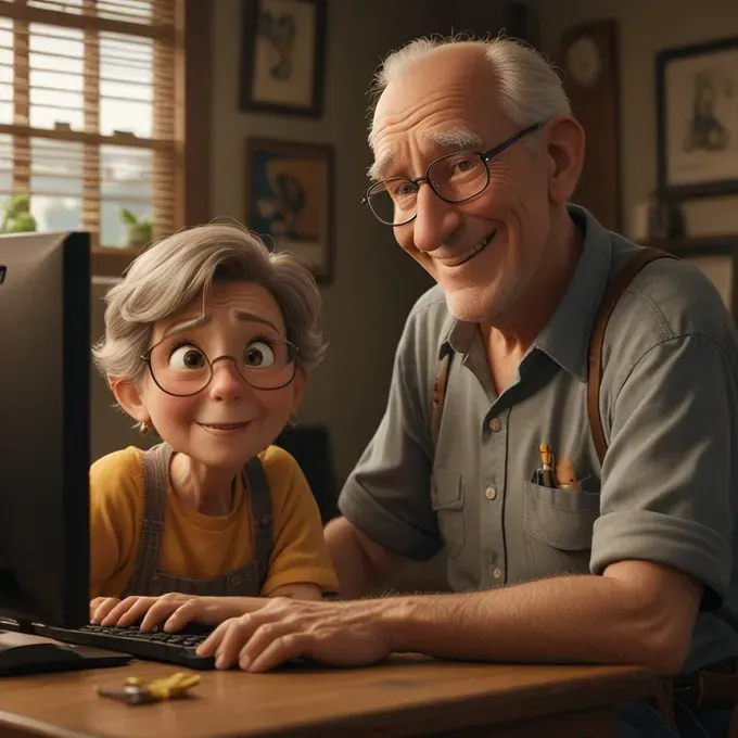 Grandparents sitting together, learning how to use a computer with the help of a younger family member.