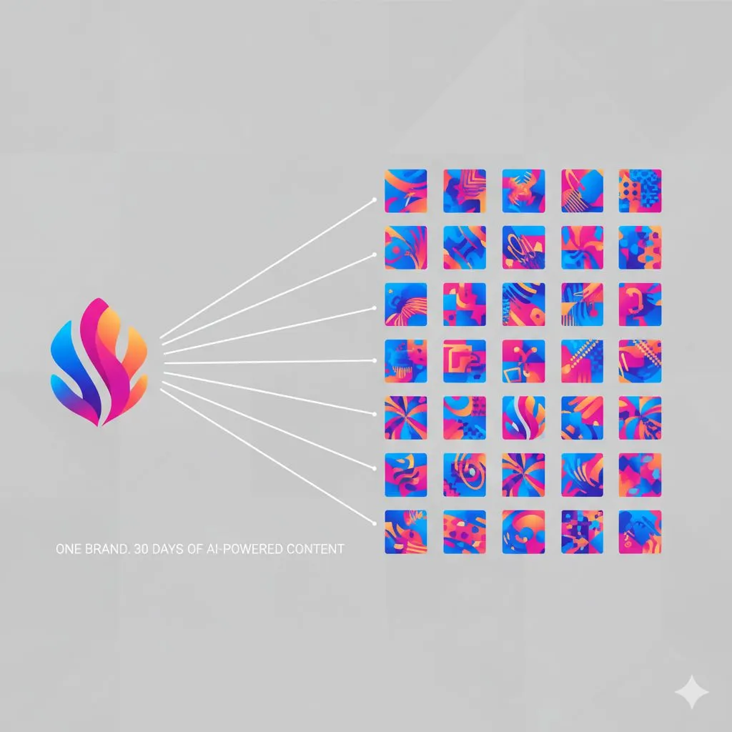 A graphic showing how one unique brand voice can be scaled to create a full month of AI-generated social media content.