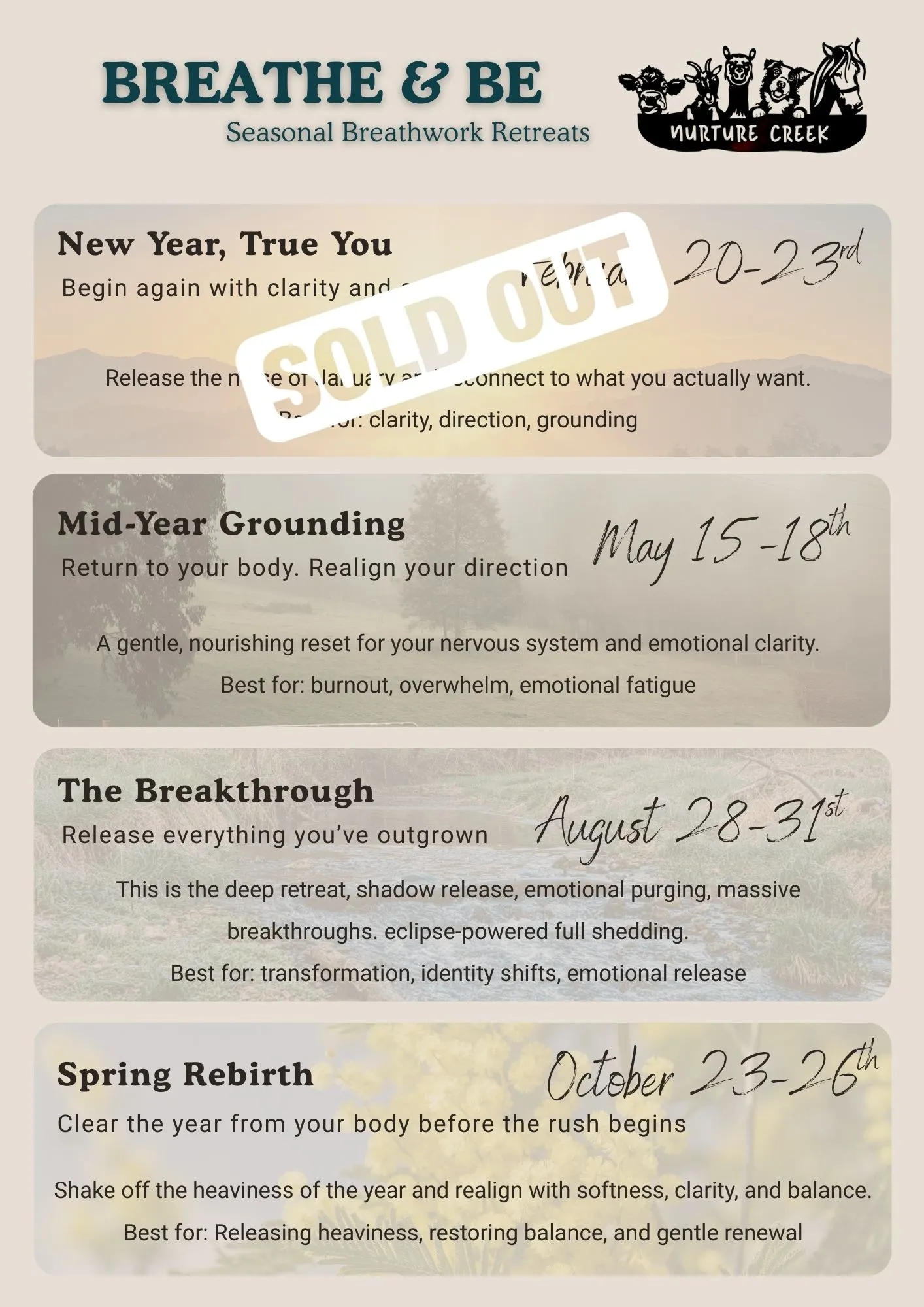 Breathwork retreats at nurture creek in 2026