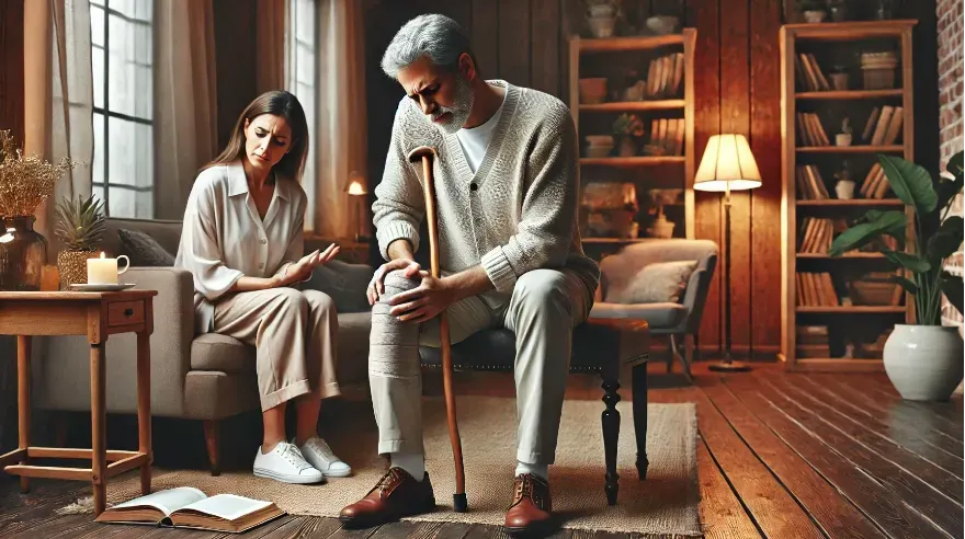  a middle-aged couple in a cozy living room. The man is holding a cane and rubbing his knee with a pained expression, while the woman sits nearby with an open book, looking concerned. 