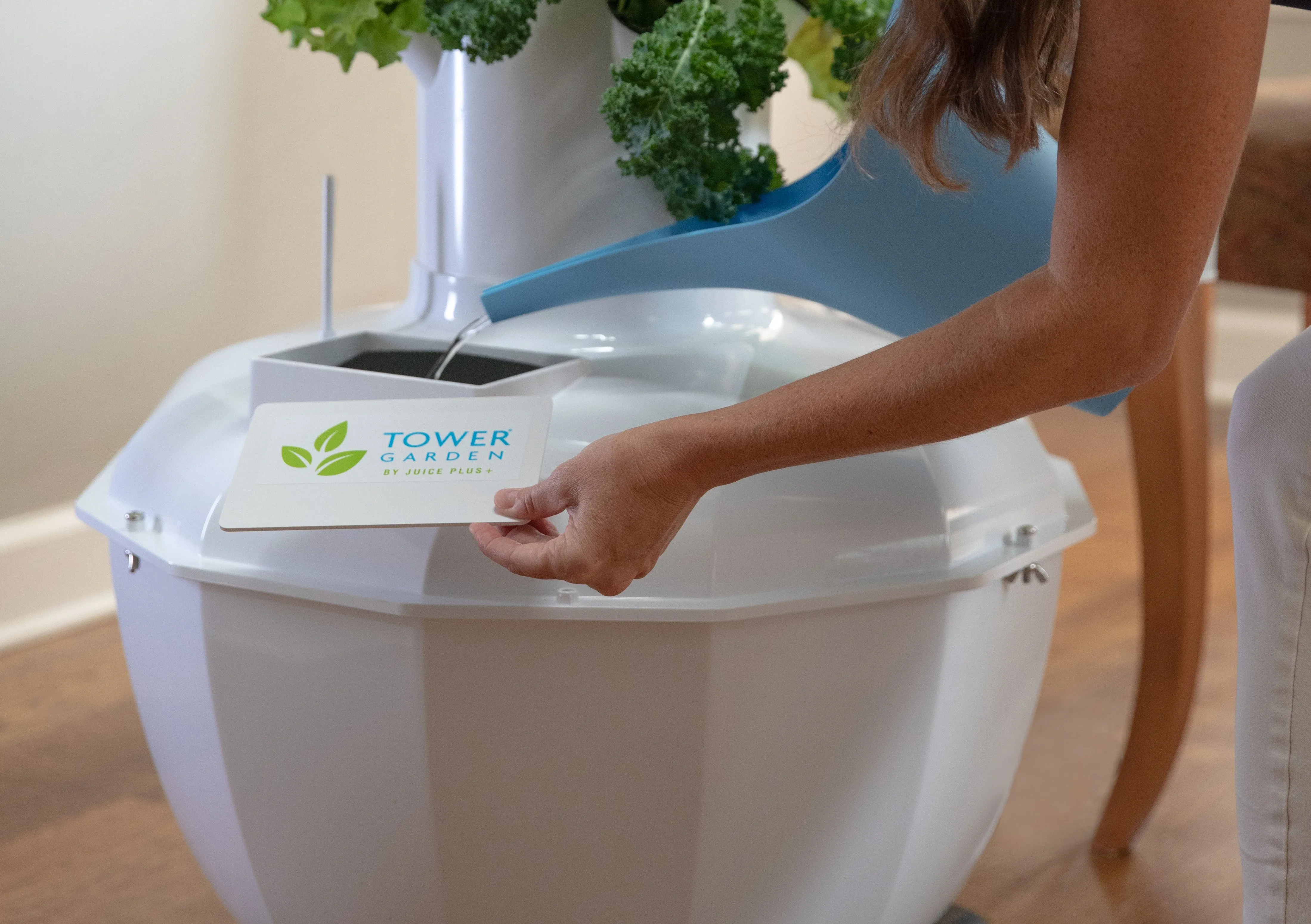 Compact Tower Garden vertical hydroponic system fitting in a small space, growing multiple plants efficiently.