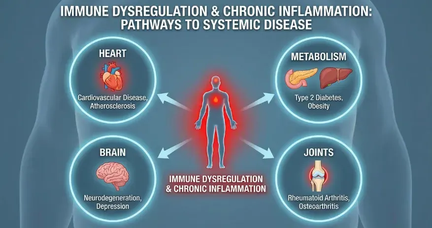 image showing how immune dysregulation and chronic inflammation contribute to diseases affecting the heart, metabolism, brain, and joints.