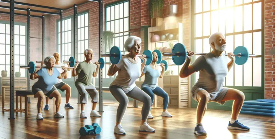 A diverse group of elderly individuals engaging in resistance training exercises like weight lifting and squats in a well-lit gym.