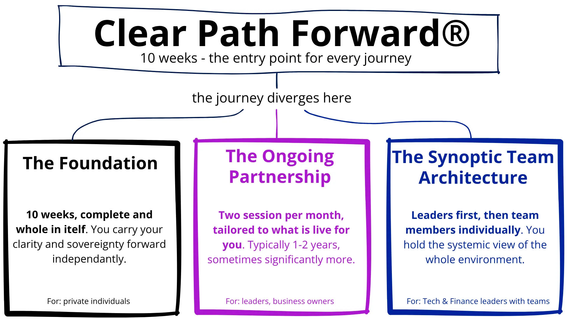 Every coaching journey begins with Clear Path Forward® — three paths: the Foundation, the Ongoing Partnership, and the Synoptic Team Architecture