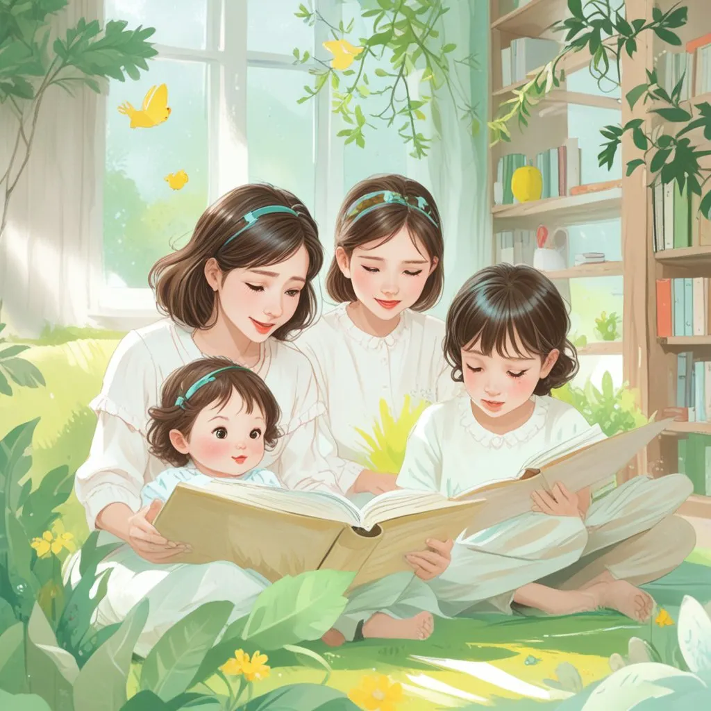 mom reading a book to her children