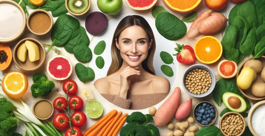 a variety of nutrient-rich foods that boost collagen synthesis, along with a woman smiling with a beautiful youthful face.