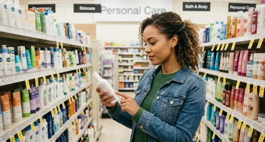Woman in the personal care aisles of a pharmacy and examining the ingredients of a product.